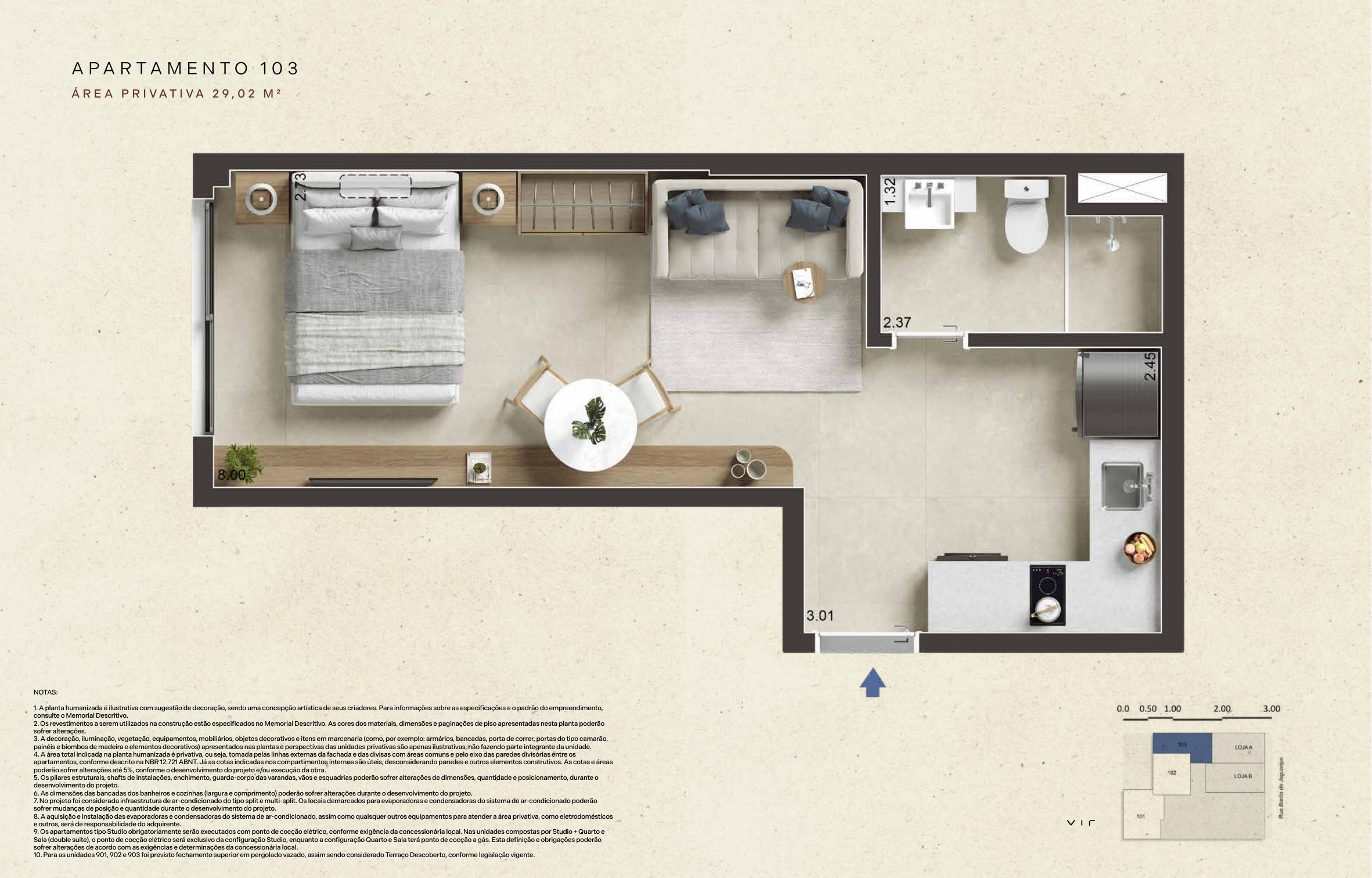 Planta ilustrativa do studio 103 do Jaguaripe 289, 29,02 m² privativos, com cozinha aberta para o espaço integrado de dormir, estar e refeições